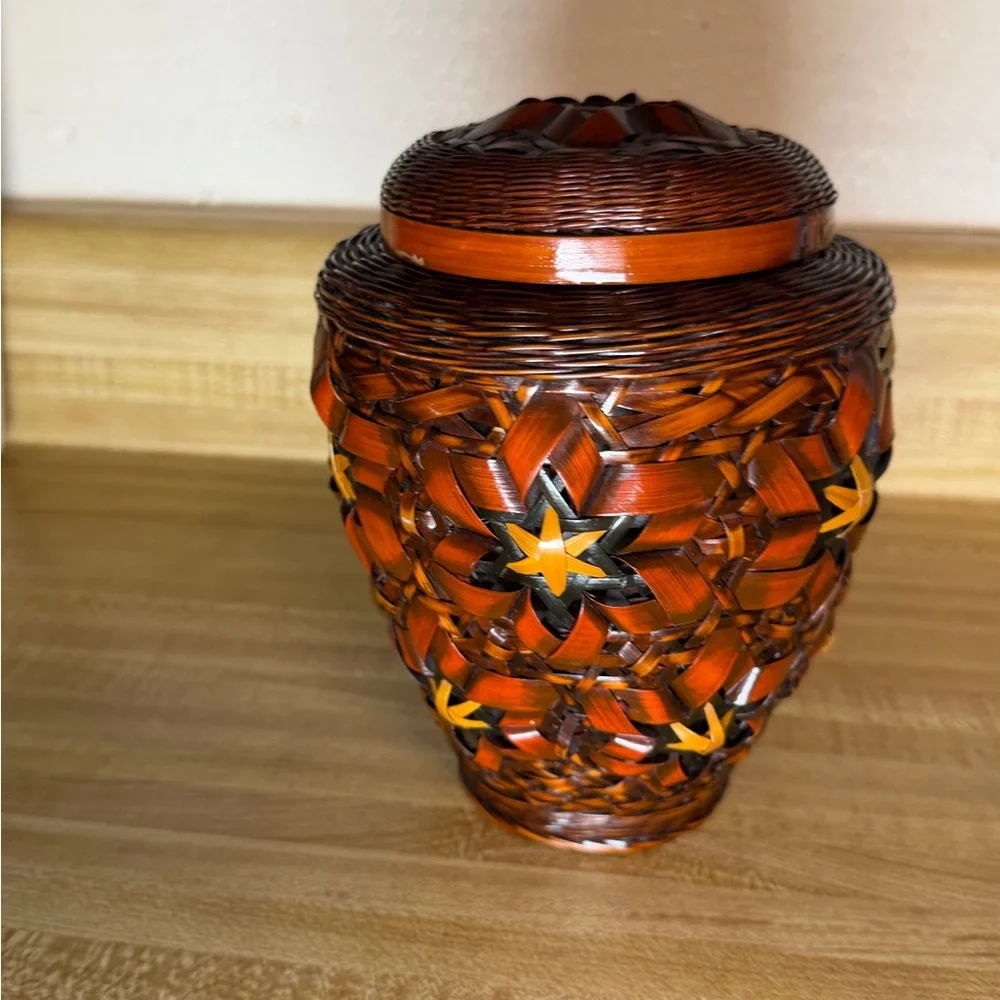 vintage handwoven rattan‎ ginger jar with ceramic vase trinket jar storage